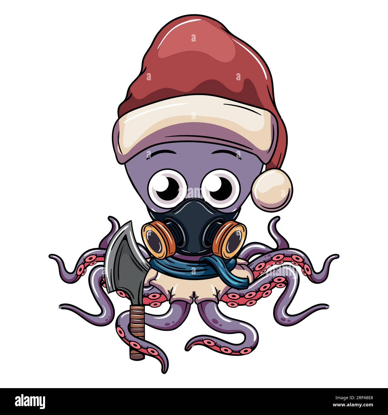 Cartoon octopus character with christmas santa claus hat and with an ax in his tentacle. Illustration for fantasy, science fiction and adventure comic Stock Vector