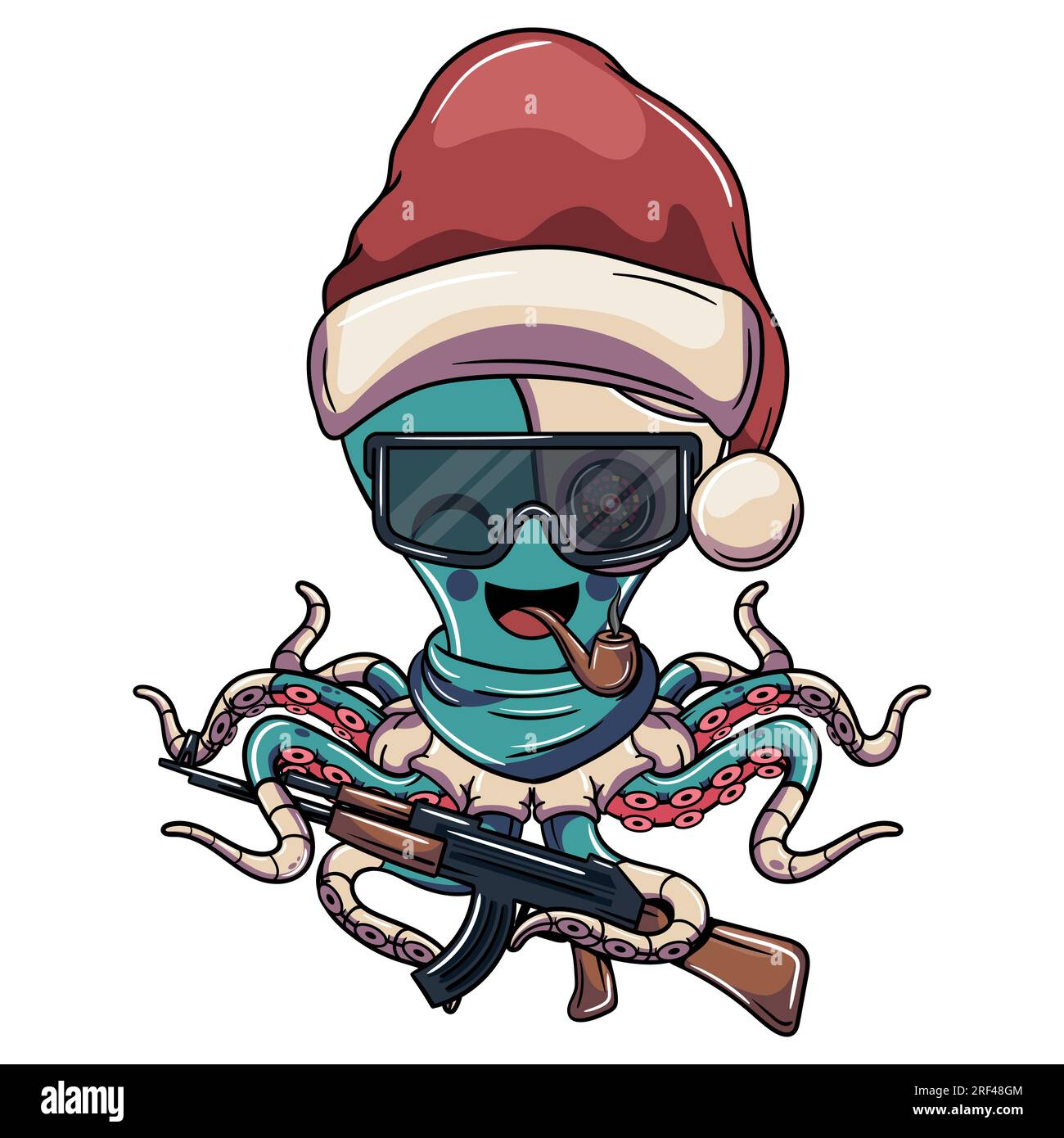 Cartoon cyborg octopus character wearing christmas santa claus hat, with glasses, pipe and a shotgun. Illustration for fantasy, science fiction and ad Stock Vector