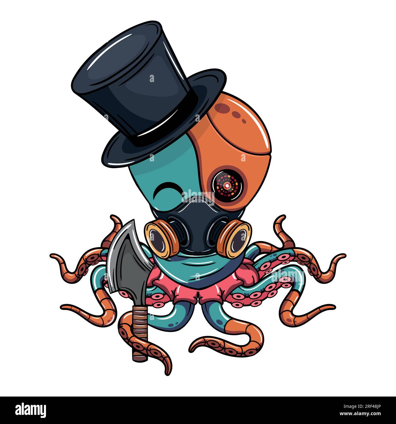 Cartoon cyborg octopus character with top hat and an axe. Illustration for fantasy, science fiction and adventure comics Stock Vector