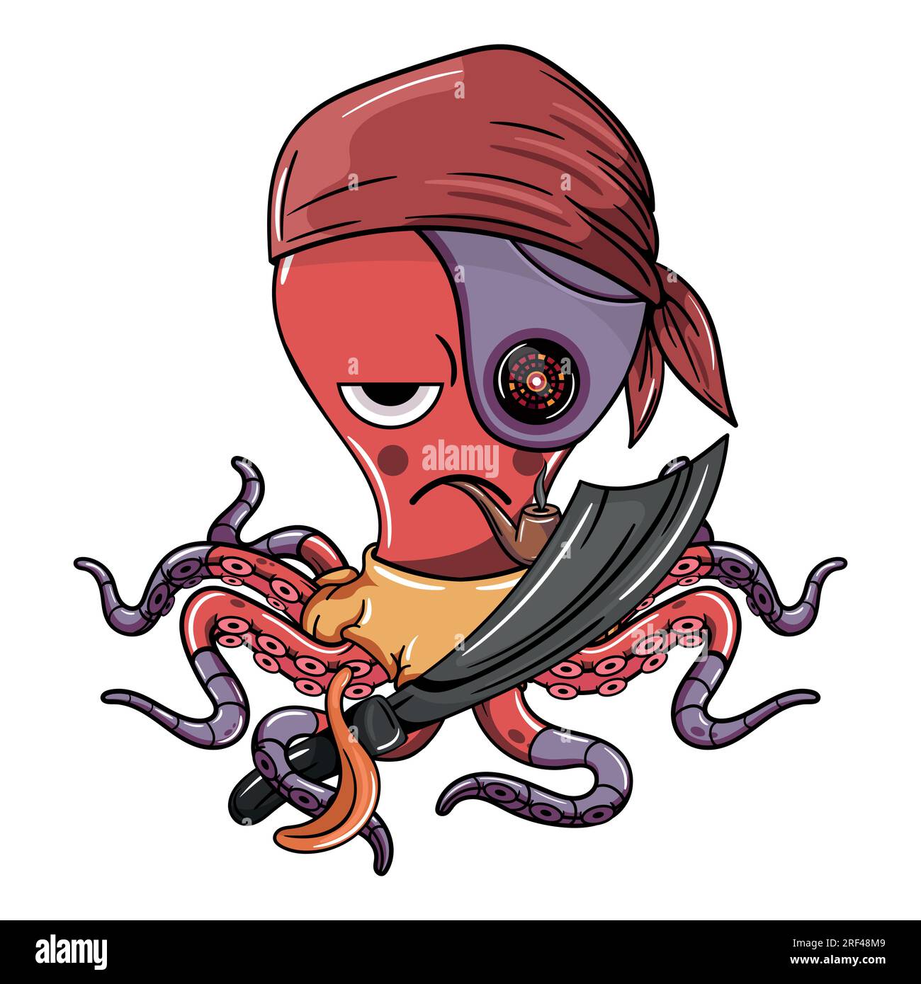 Cartoon character impatient pirate captain cyborg octopus with his sword smoking a pipe. Illustration for fantasy, science fiction and adventure comic Stock Vector