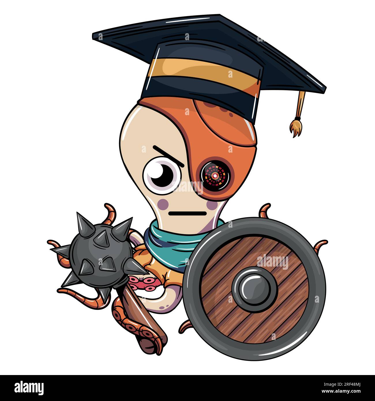 Cartoon cyborg octopus character wearing graduation cap upset with a shield and a war axe. Illustration for fantasy, science fiction and adventure com Stock Vector