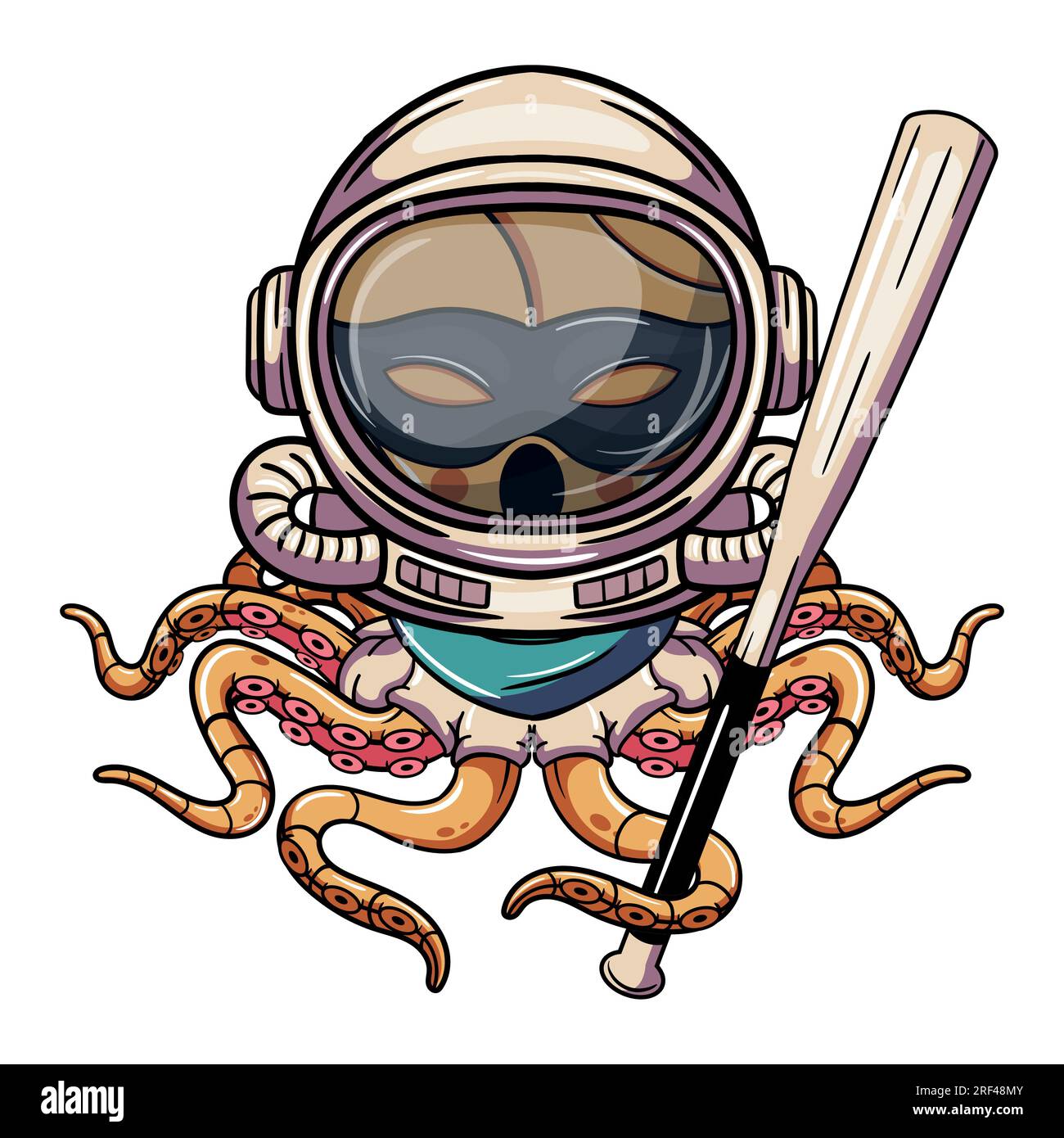 Cartoon octopus cyborg astronaut character with space suit and a baseball bat. Illustration for fantasy, science fiction and adventure comics Stock Vector