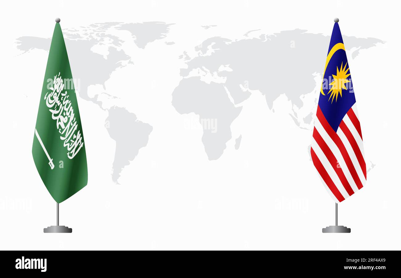 Saudi Arabia and Malaysia flags for official meeting against background of world map. Stock Vector
