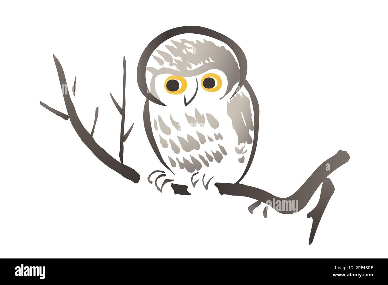 Owl sitting on a tree branch, in the style of Japanese watercolor painting with wide brush strokes. After a illustration in a Japanese book from 1868. Stock Photo