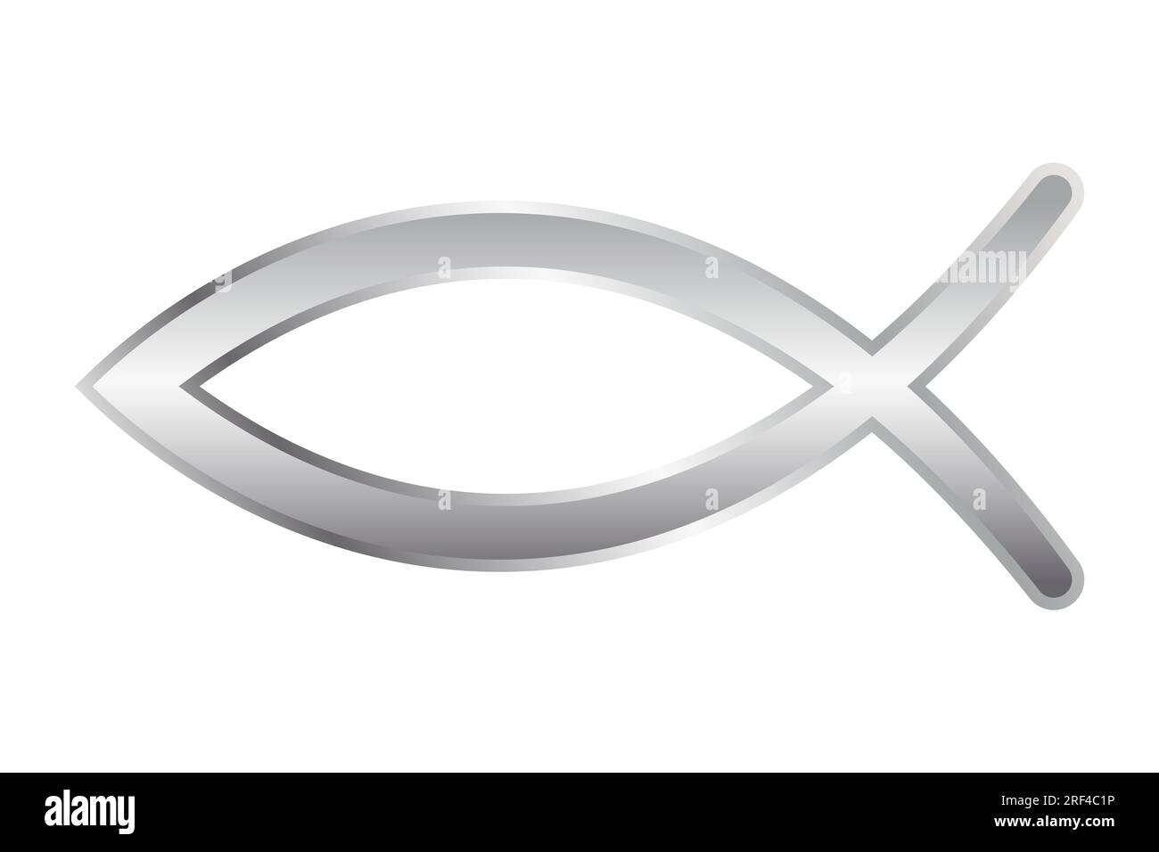 Silver colored sign of the fish symbol. Jesus fish, symbol of Christian art, consisting of 2 intersecting arcs, also called ichthys or ichthus. Stock Photo