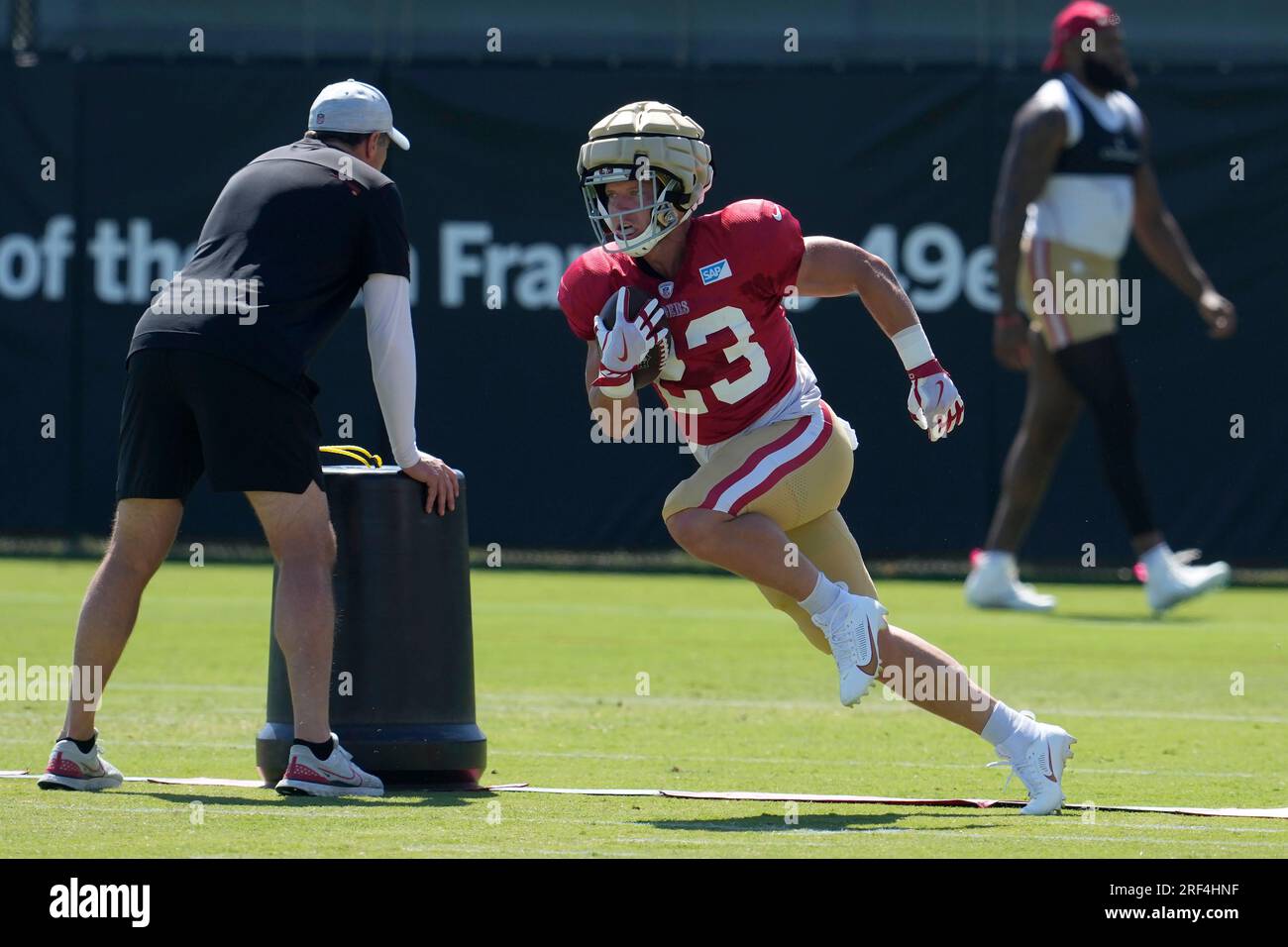 San Francisco 49ers running back Christian McCaffrey (23) takes part in  drills during the NFL team's football training camp in Santa Clara, Calif.,  Monday, July 31, 2023. (AP Photo/Jeff Chiu Stock Photo - Alamy