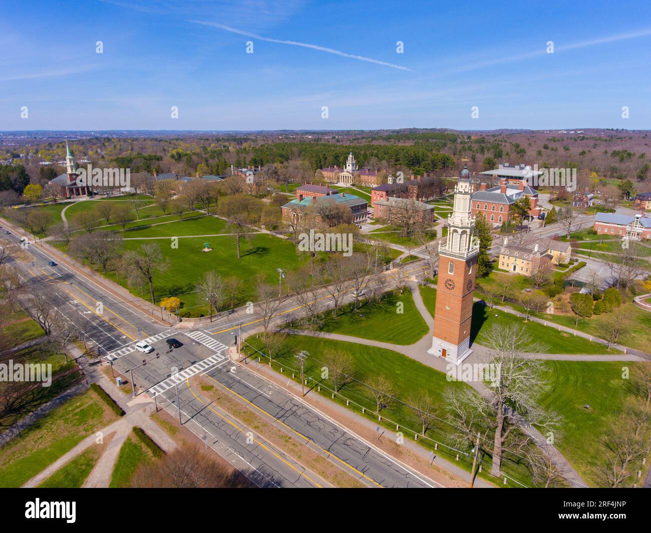 Phillips Academy aerial view in spring including Clock Tower at 180 Main Street in historic town center of Andover, Massachusetts MA, USA. Stock Photo