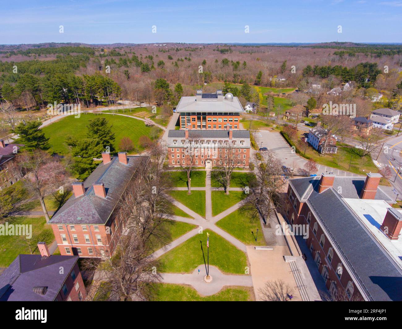 Phillips Academy aerial view in spring including Paul Revere House at 180 Main Street in historic town center of Andover, Massachusetts MA, USA. Stock Photo