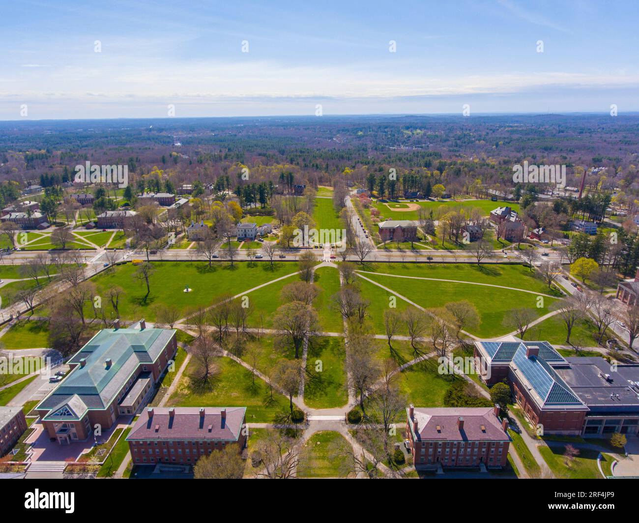 Phillips Academy aerial view in spring including Great Lawn at 180 Main Street in historic town center of Andover, Massachusetts MA, USA. Stock Photo