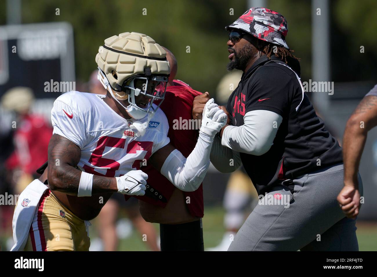 San Francisco 49ers linebacker Dee Winters (53) runs on the field during an  NFL football game against the Los Angeles Chargers, Friday, Aug. 25, 2023,  in Santa Clara, Calif. (AP Photo/Scot Tucker