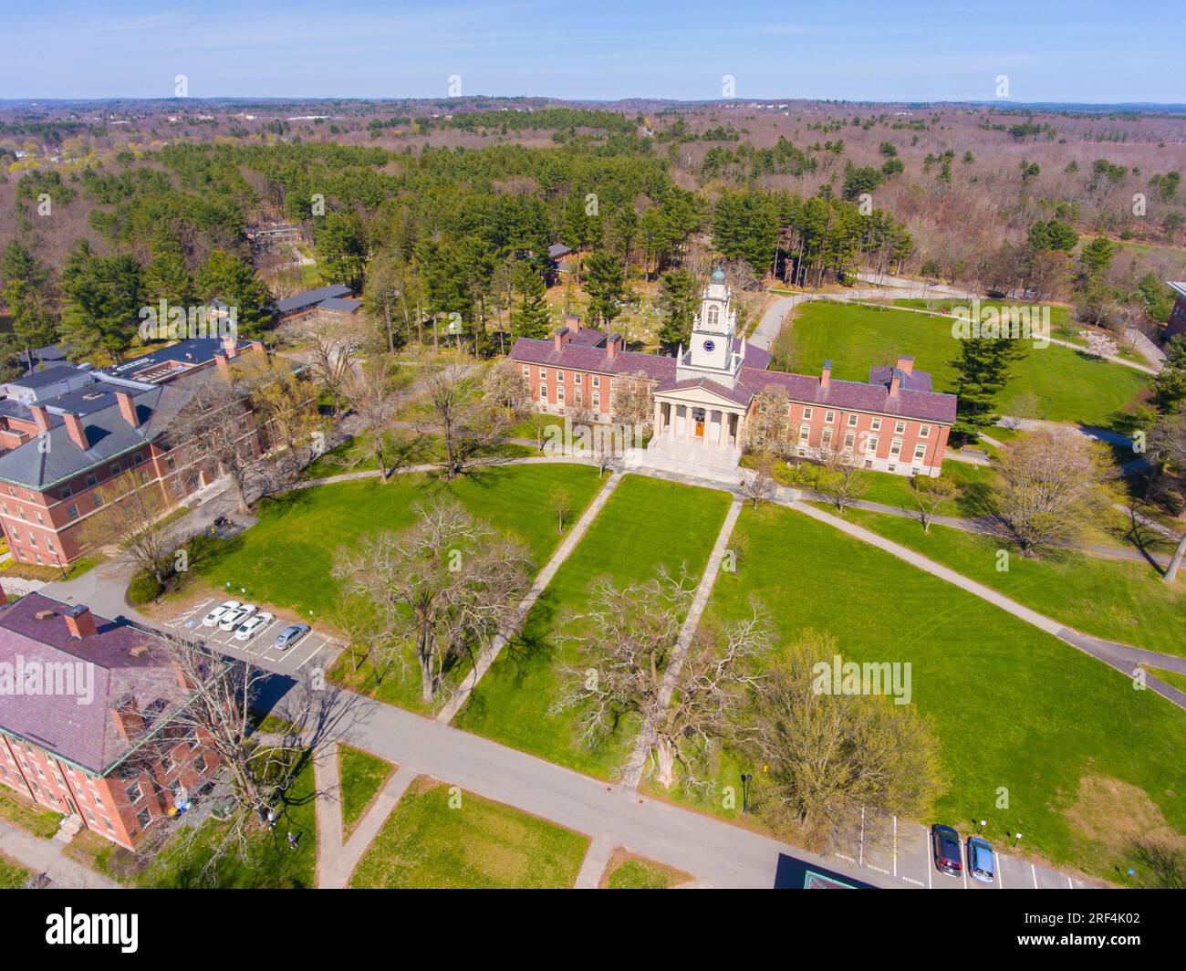 Phillips Academy aerial view in spring including Samuel Phillips Hall at 180 Main Street in historic town center of Andover, Massachusetts MA, USA. Stock Photo
