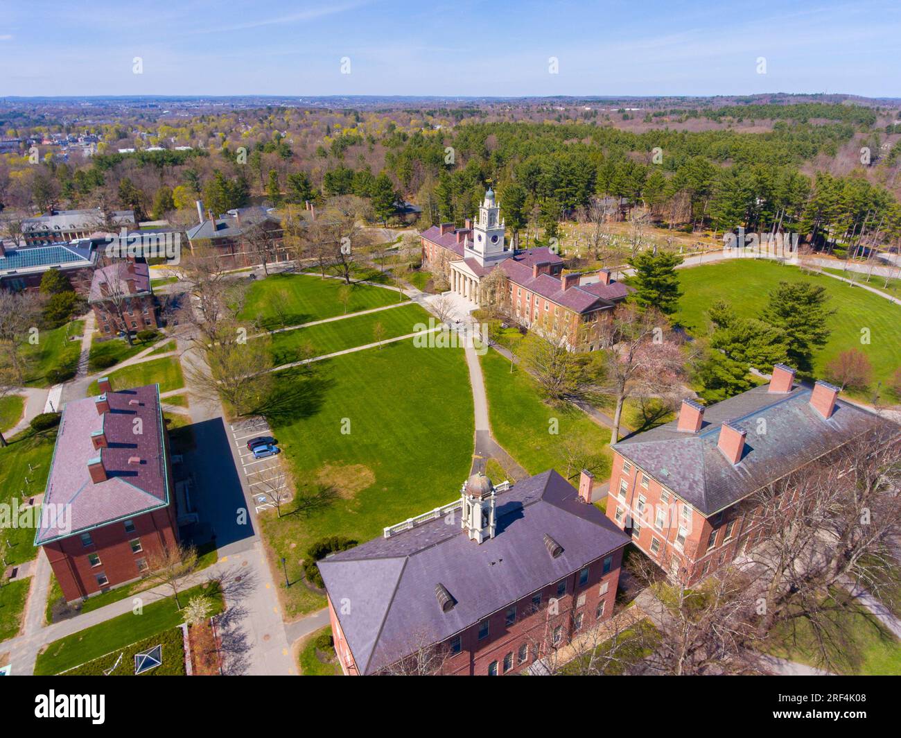 Phillips Academy aerial view in spring including Samuel Phillips Hall at 180 Main Street in historic town center of Andover, Massachusetts MA, USA. Stock Photo
