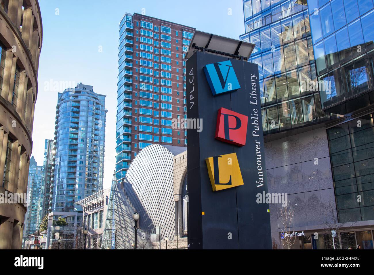Sign of Vancouver Public Library Central Branch. Vancouver Public Library (VPL) is the public library system of Vancouver, British Columbia, Canada Stock Photo