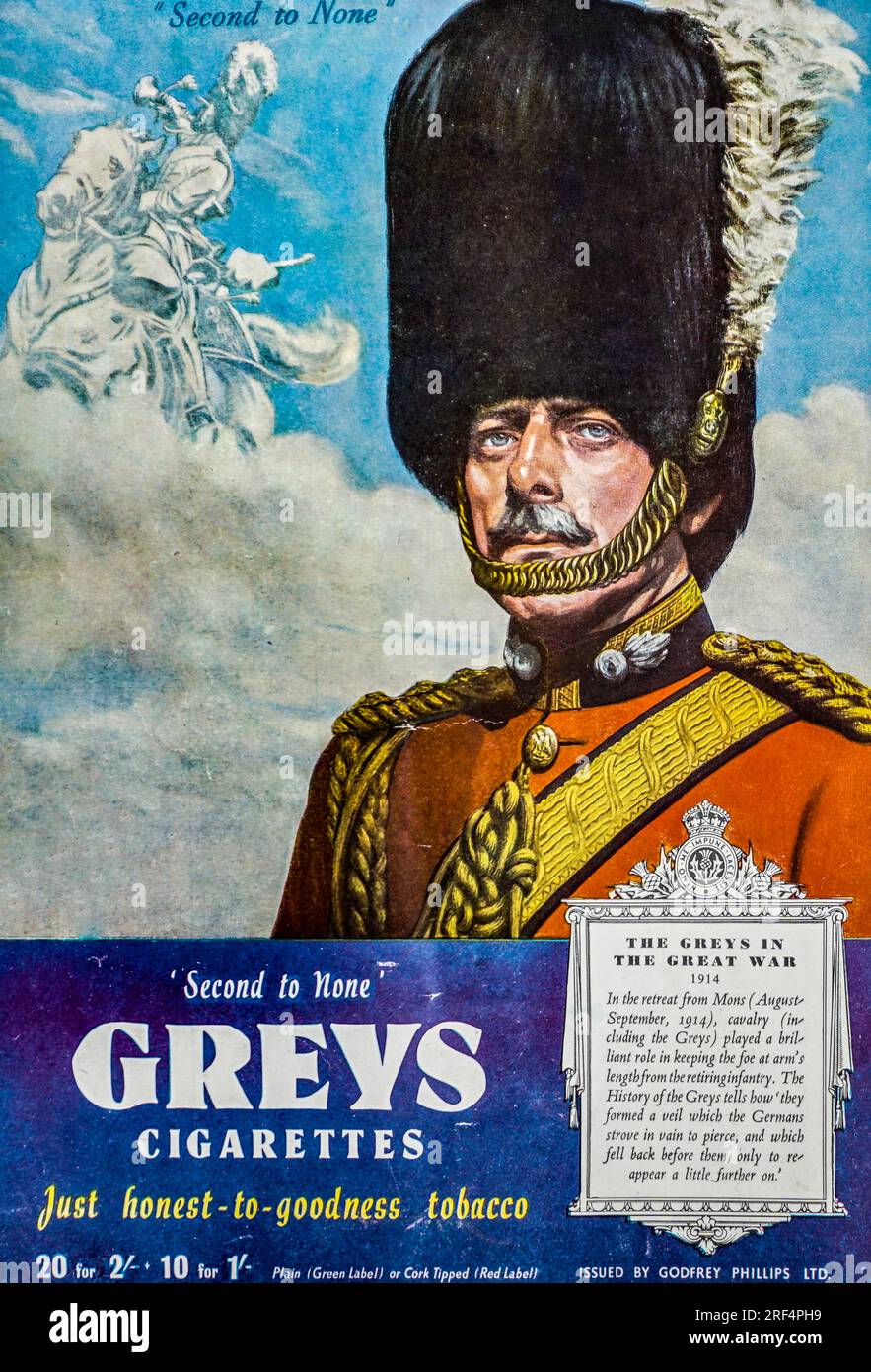 A  1942 advertisement for Greys Cigarettes  featuring a member of The Royal Scots Greys Cavalry Regiment which is now part of The Royal Scots Dragoon Guards. The advertisement carries a reference to one battle The Greys were involved in the First World War.Greys Cigarettes was owned by Major Drapkin  & Co. Which was founded in 1898. The brand enjoyed great success in China and was absorbed into British American Tobacco in 1929. Following the Communist Revolution, western cigarette companies were expelled. Stock Photo