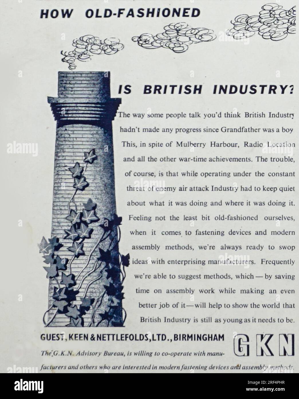 A 1945 advertisement for Guest Keen & Nettlefolds Ltd, Bermingham. This company can trace its history back to the Industrial Revolution. This particular advertisement focuses on what it describes as their fastening business, essentially screws nuts and bolts. During the second world war, the company was involved in armament production including production of the Spitfire fighter plane. The company is still trading today. Stock Photo