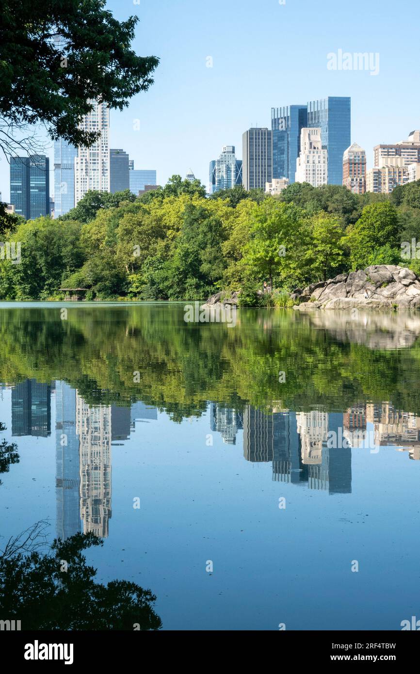 West side skyline as seen from the lake in central park on a clear