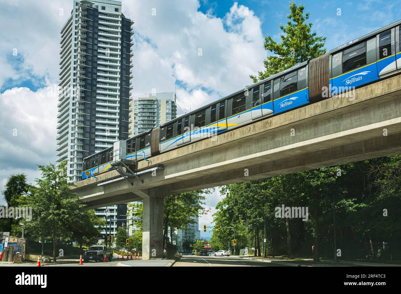 Surrey Central in Greater Vancouver BC Canada. Elevated rail road of urban public transit system at the King George Ave. in Surrey. Translink provide Stock Photo