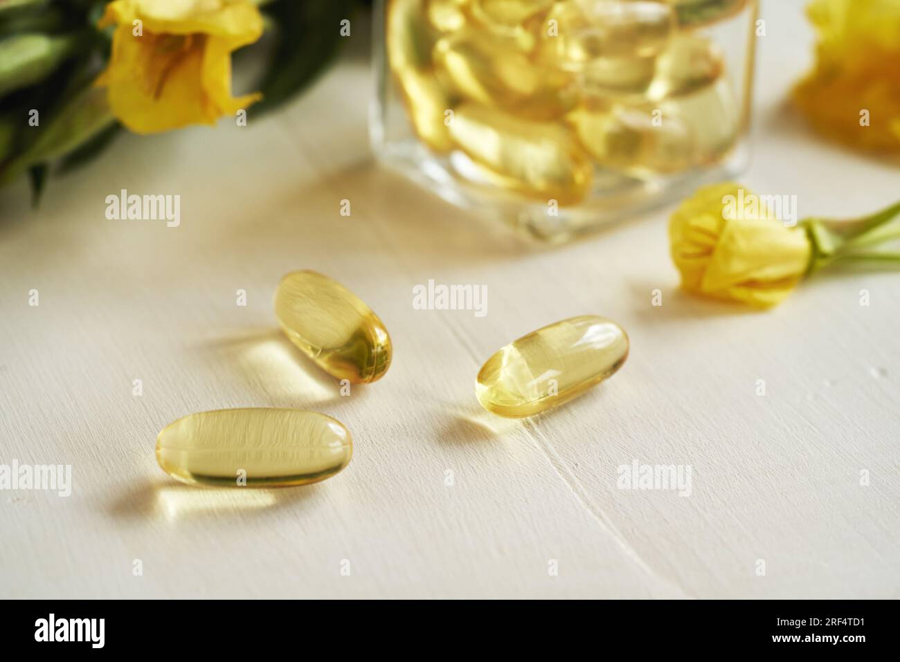 Evening primrose oil capsules with fresh Oenothera biennis flowers