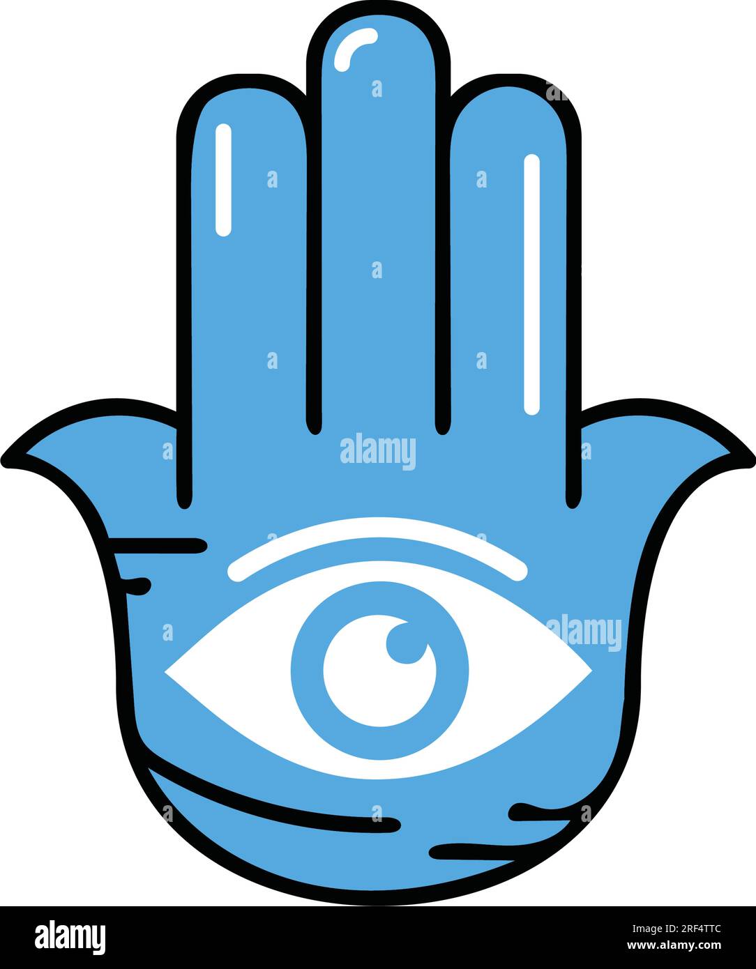 Abstract Multicolored illustration of a Hamsa hand with Evil Eye symbol.  The hand of Fatima is a religious sign with all-seeing eyes. Vintage bohemian style. Stock Vector