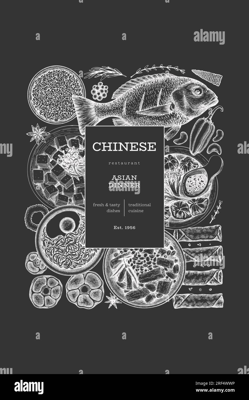Chinese Cuisine Chalk Board Design Template. Vector Hand Drawn Asian