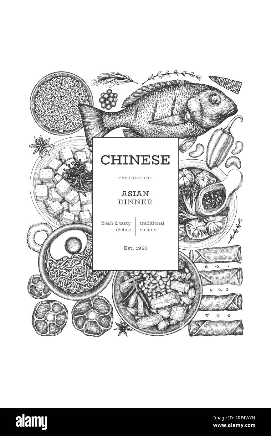 Chinese Cuisine Design Template. Vector Hand Drawn Asian Food Banner