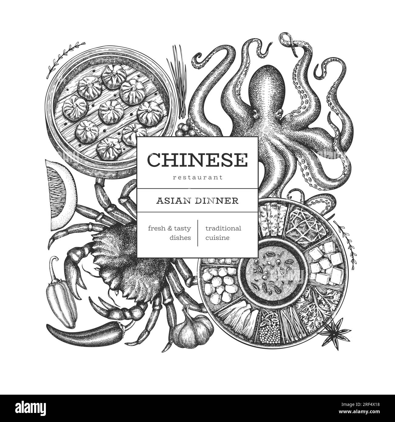 Chinese Cuisine Design Template. Vector Hand Drawn Asian Food Banner