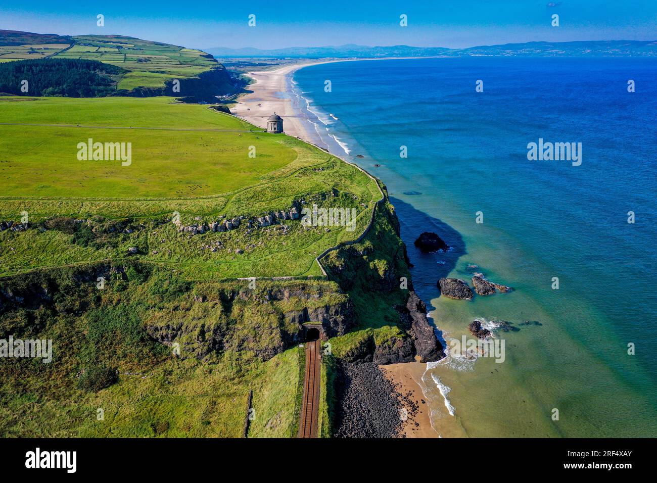 Aerial of Mussenden Temple, Downhill, County Derry, Northern Ireland Stock Photo