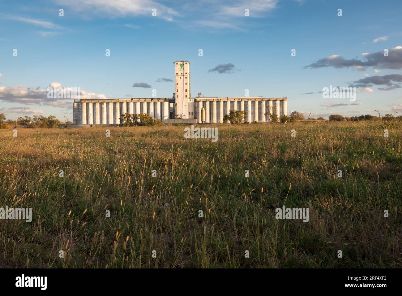 Large grain elevator and field with prairie grasses in autumn. Lincoln