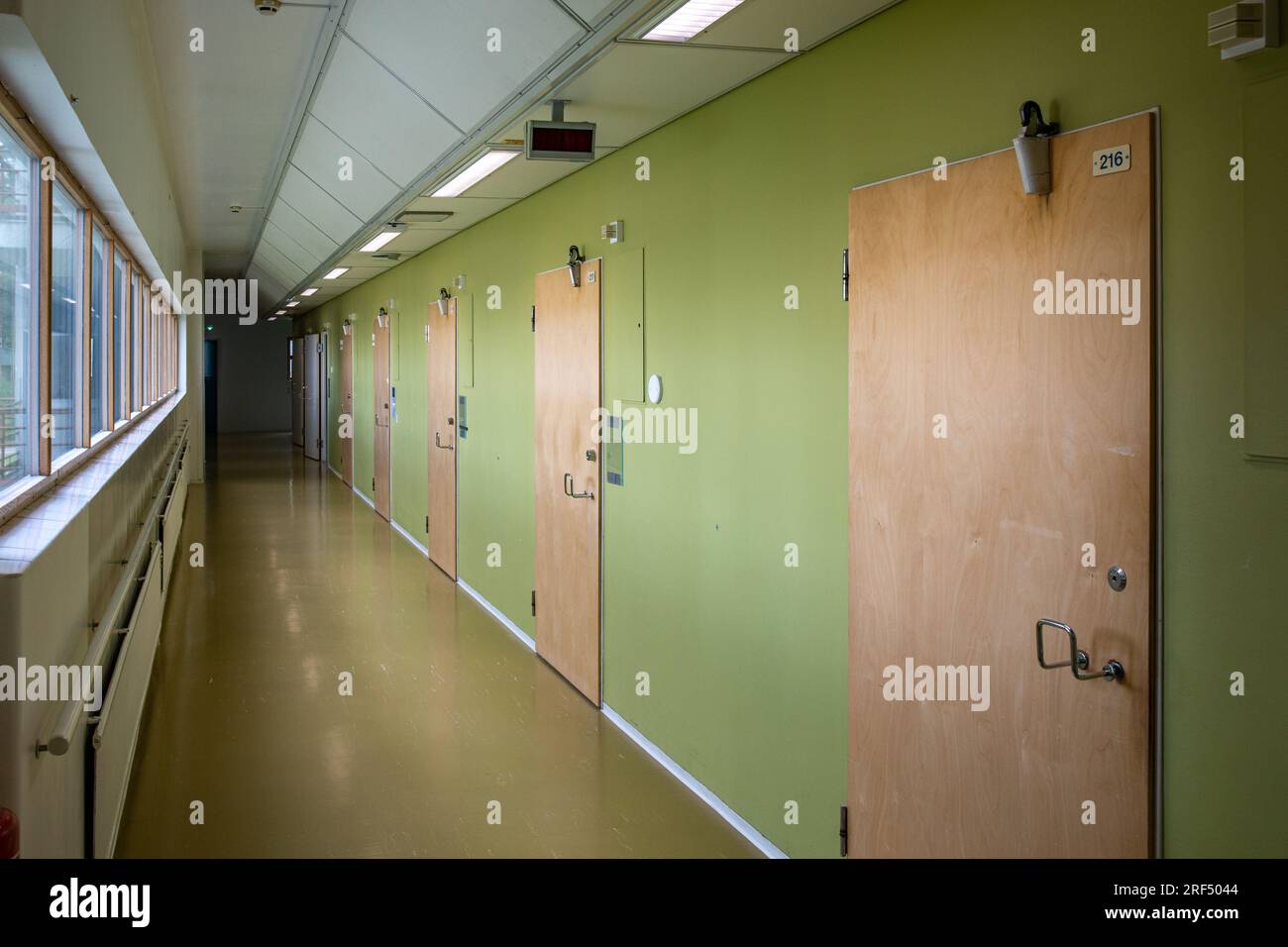 Green corridor at Paimio Sanatorium, a former tuberculosis hospital designed by Aino and Alvar Aalto and built in 1933, in Paimio, Finland Stock Photo