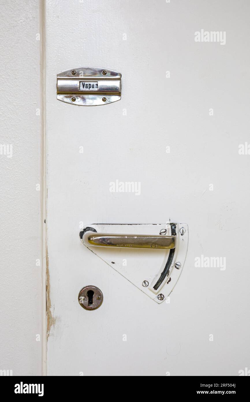 Toilet door lock indicator and handle at functionalist Paimio Sanatorium, designed by Aino and Alvar Aalto and built in 1933, in Paimio, Finland Stock Photo