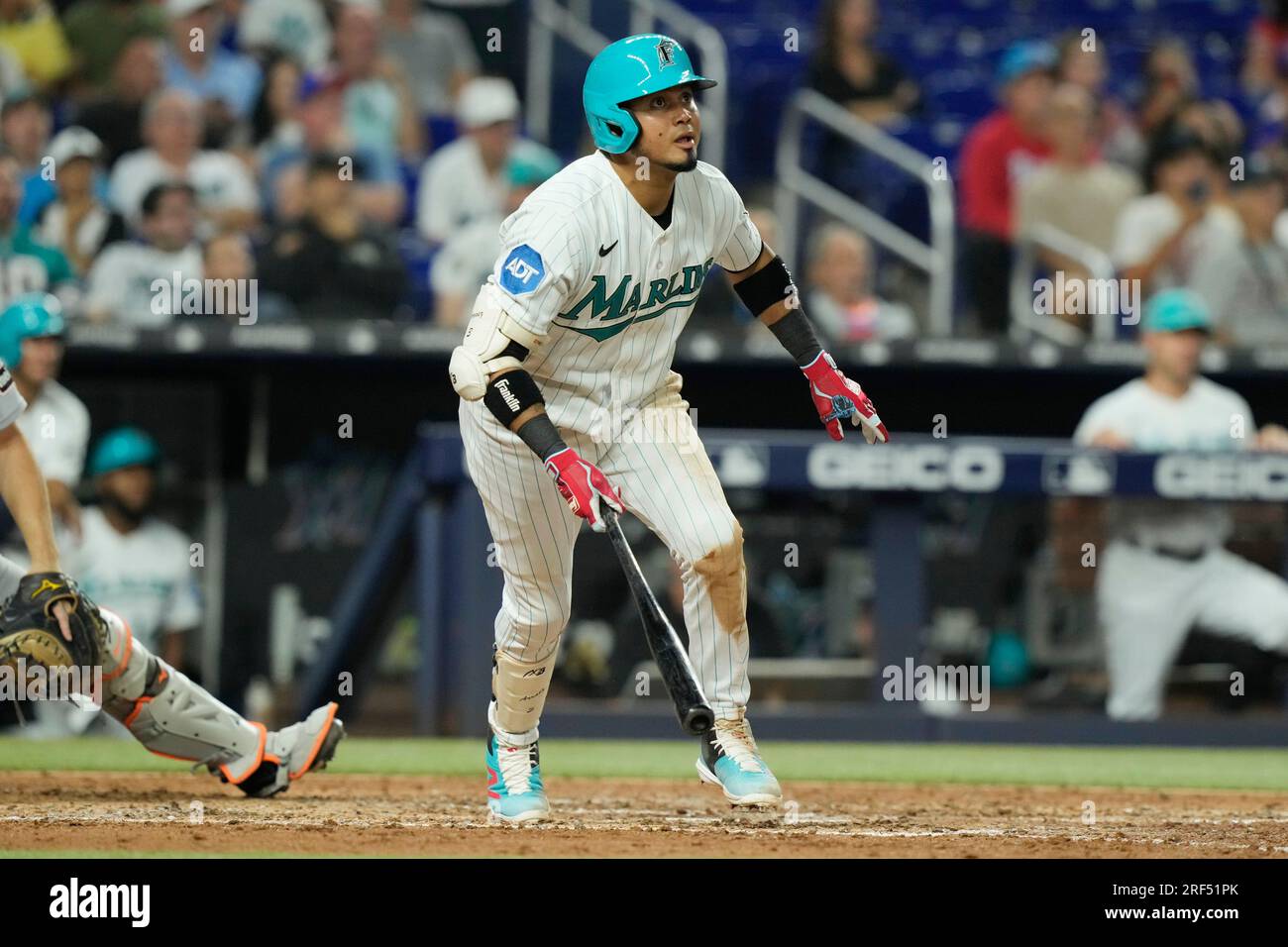 Miami Marlins' Luis Arraez (3) runs to first base during a baseball game  against the Detroit Tigers, Friday, July 28, 2023, in Miami. (AP  Photo/Marta Lavandier Stock Photo - Alamy