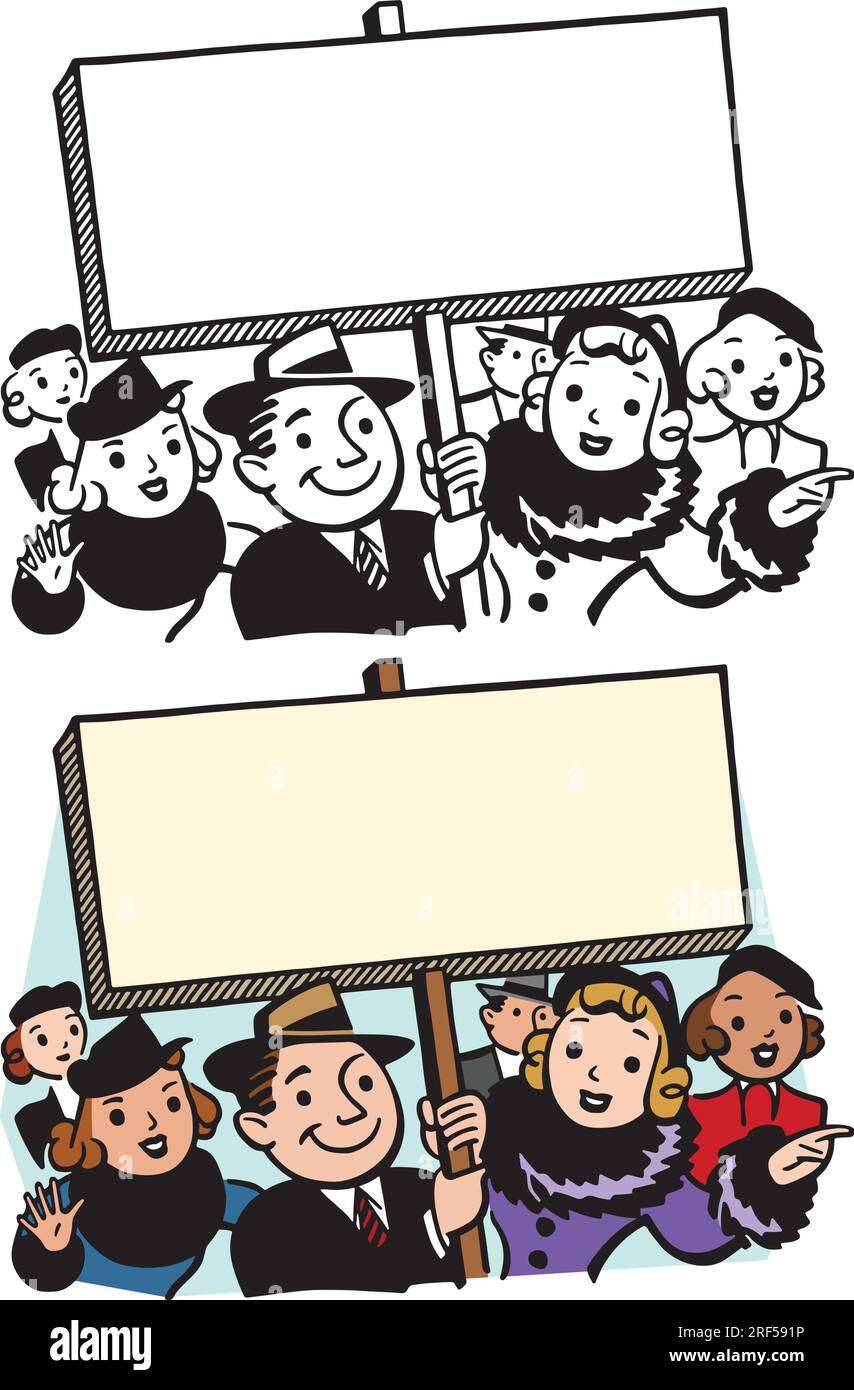 A vintage retro cartoon of a crowd of people marching and holding a blank sign. Stock Vector