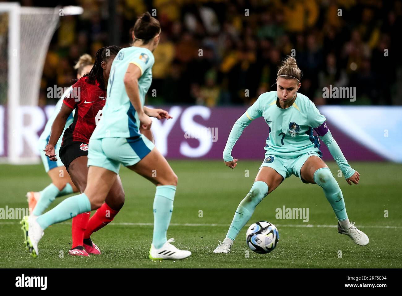 Melbourne, Australia, 31 July, 2023. Steph Catley of Australia controls the ball during the Women's World Cup football match between Canada and Australia at AAMI Park on July 31, 2023 in Melbourne, Australia. Credit: Dave Hewison/Speed Media/Alamy Live News Stock Photo