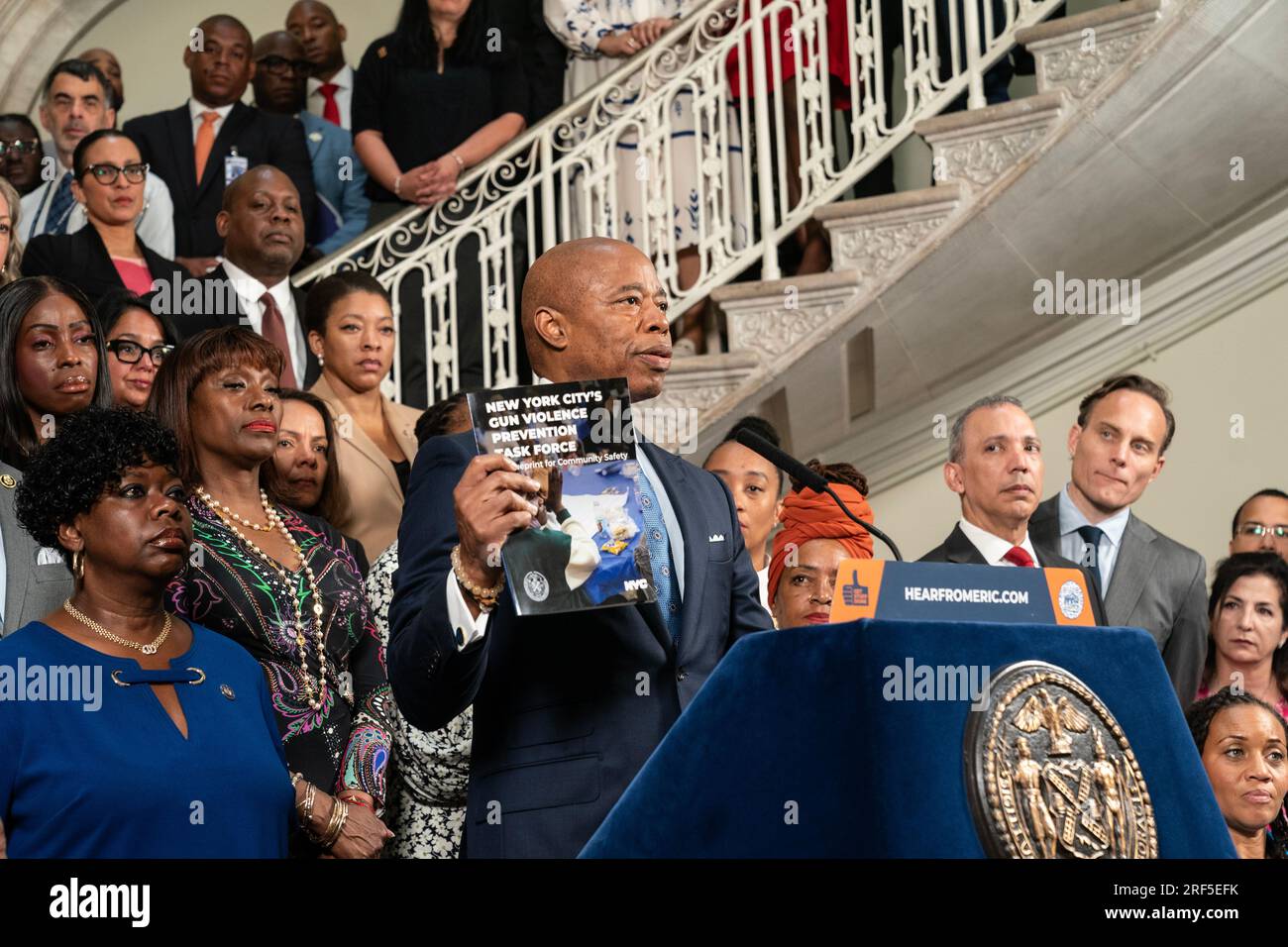 Mayor Eric Adams speaks during public safety announcement to prevent ...
