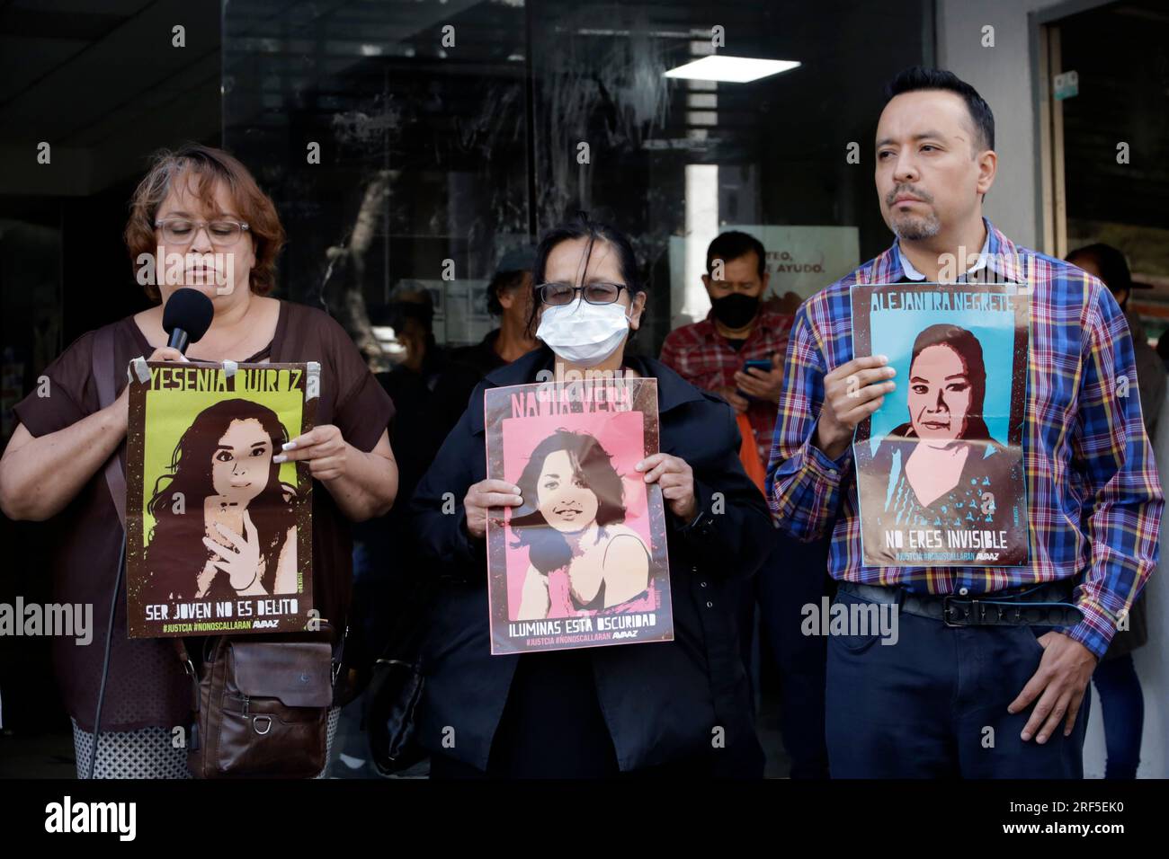 Mexico City, Mexico. 31st July, 2023. July 31, 2023, Mexico City, Mexico: Attorney David Peña; Indira Alfaro and Mirtha Luz Perez, mothers of Yesenia Quiroz and Nadia Vera, murdered on July 31, 2015 in an apartment in the Narvarte neighborhood; They demand justice from the Mexico City Attorney General's Office during the press conference at the office in Mexico City. on July 31, 2023 in Mexico City, Mexico (Photo by Luis Barron/Eyepix Group). Credit: Eyepix Group/Alamy Live News Stock Photo