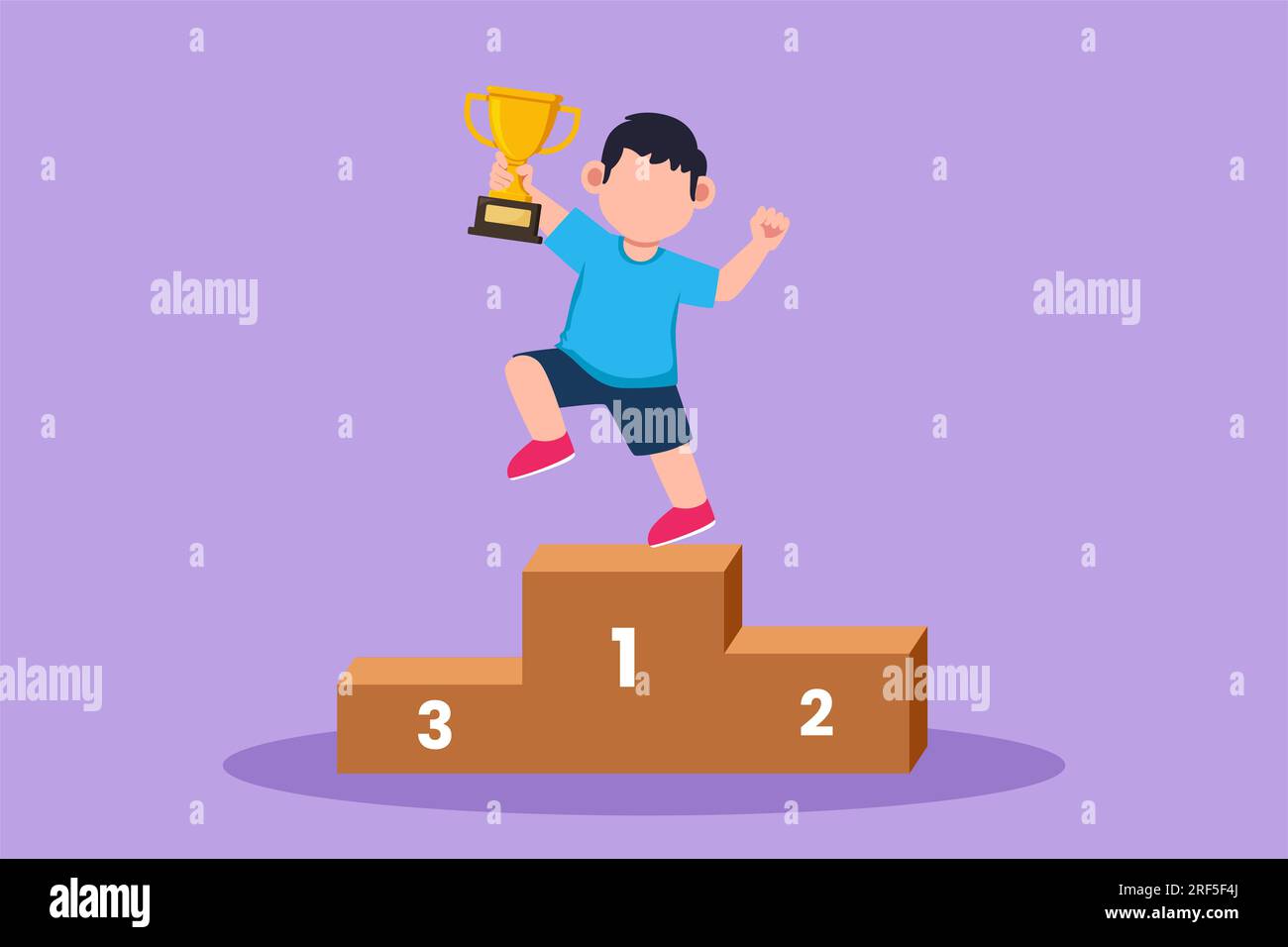 Graphic flat design drawing of adorable little boy standing on podium as sport competition winner. Championship celebration ceremony. Happy kids win g Stock Photo