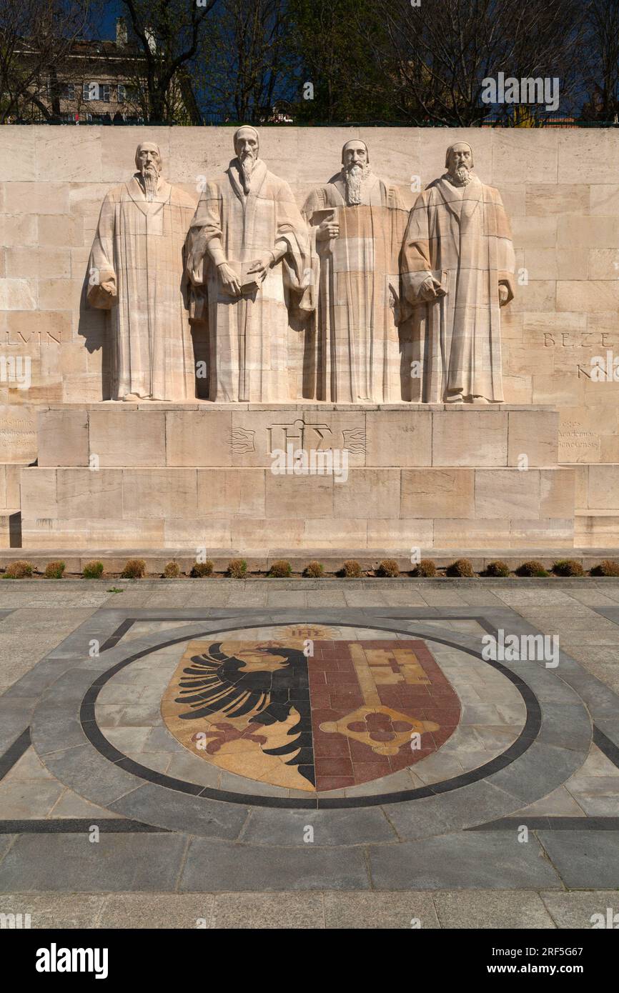 Geneva, Switzerland - 25 March 2022: The International Monument to the Reformation, usually known as the Reformation Wall was inaugurated in 1909 in G Stock Photo