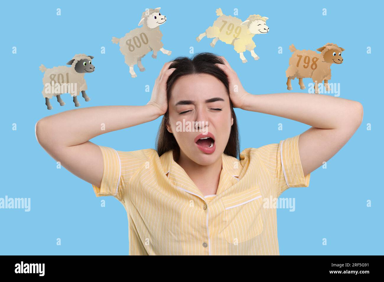 Insomnia. Tired woman yawning and counting to fall asleep on light blue