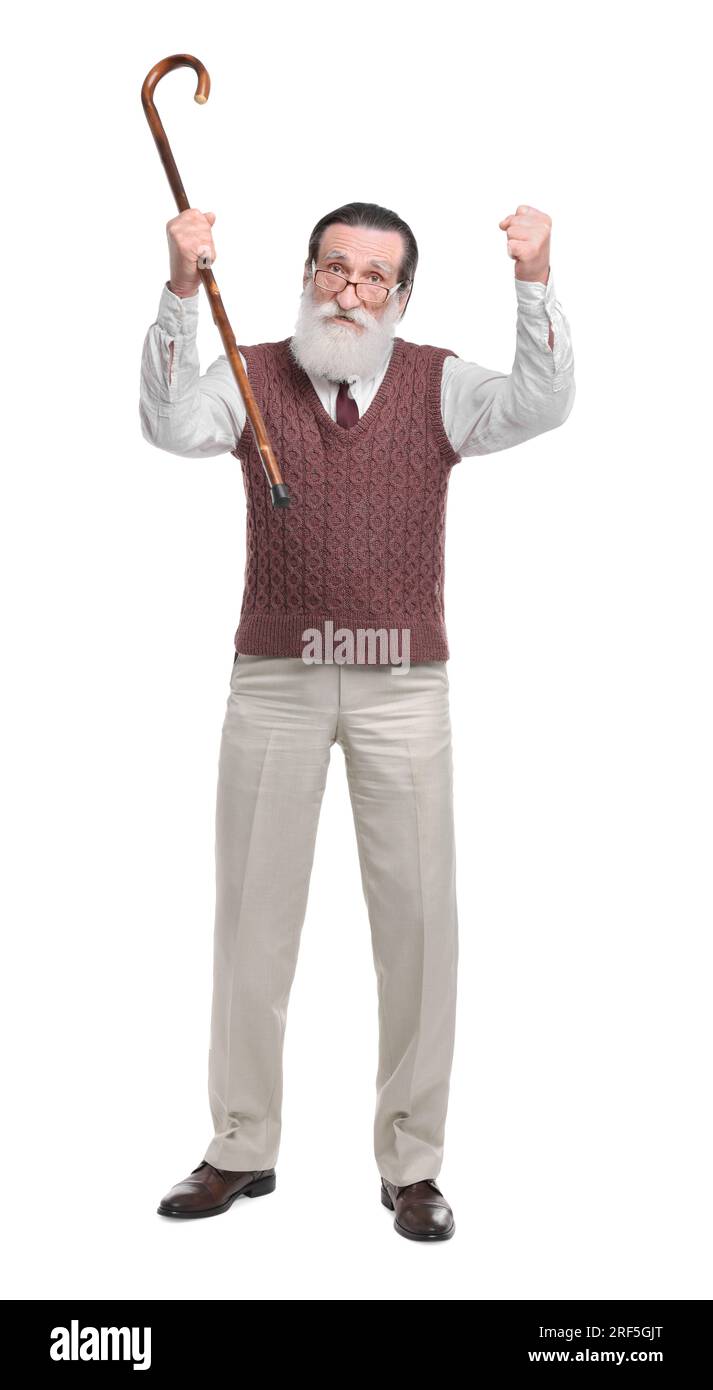 Senior man with walking cane on white background Stock Photo - Alamy