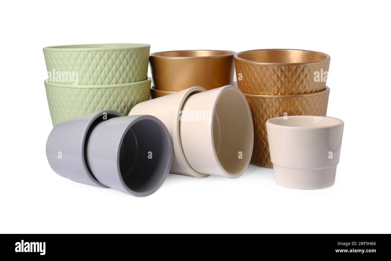 Many different empty ceramic flower pots on white background Stock ...