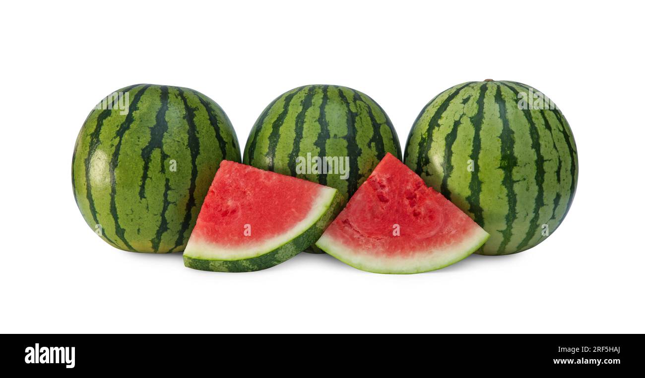 Delicious cut and whole ripe watermelons isolated on white Stock Photo ...