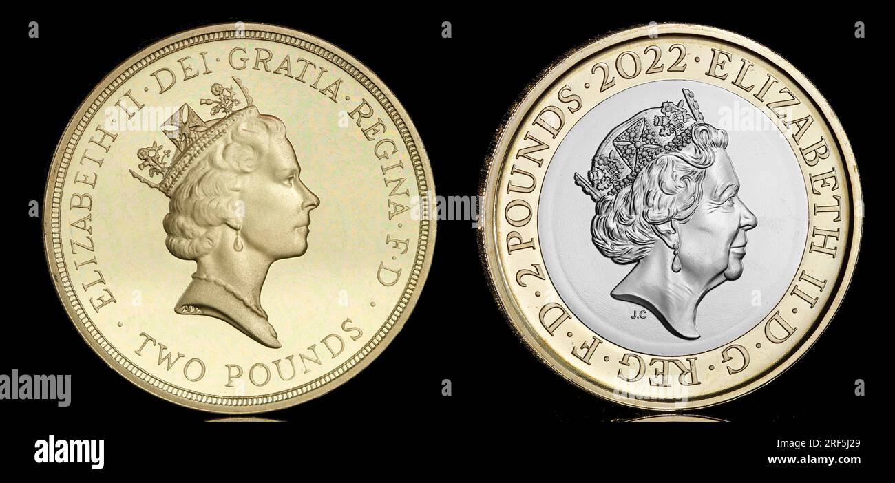 Nickel brass £2 coin obverse of Queen Elizabeth II portrait by Raphael Maklouf & bimetallic £2 coin portrait of Queen Elizabeth II by Jody Clark Stock Photo