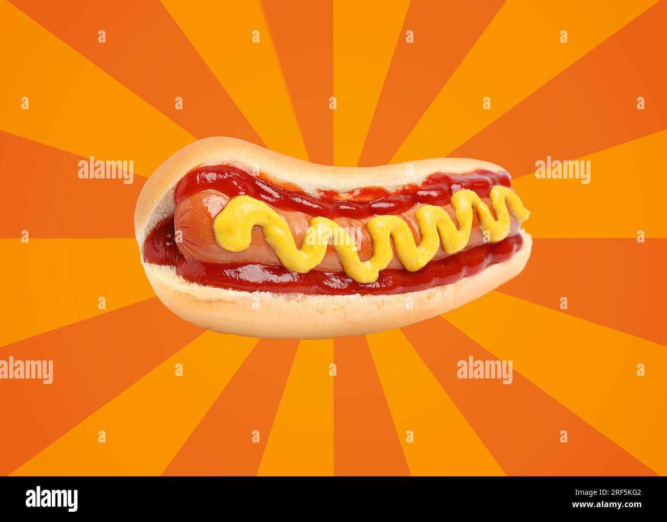 Yummy hot dog with ketchup and mustard on bright comic background Stock