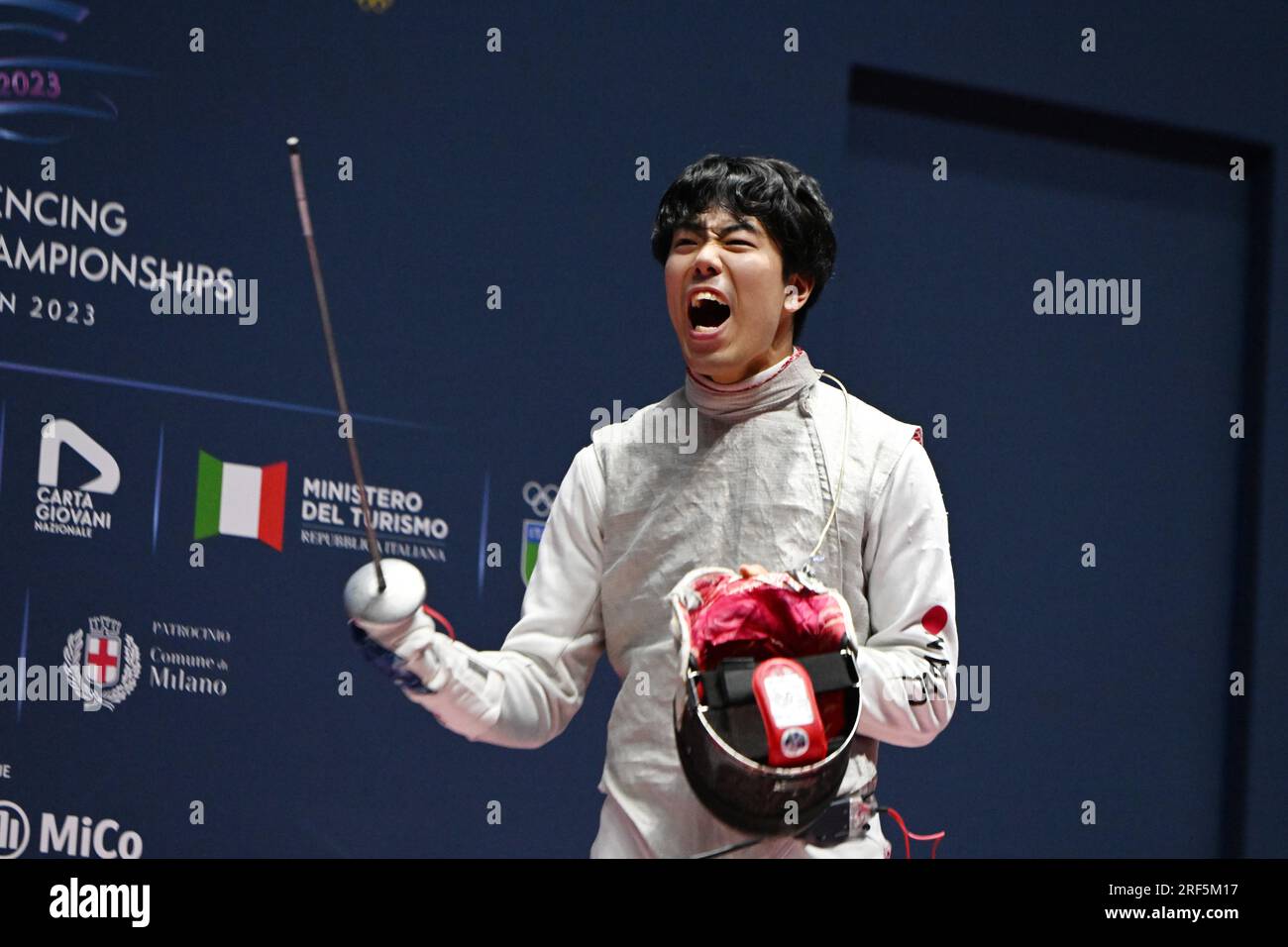 Japan Takahiro Shikine celebrates winning the 2023 FIE Fencing World