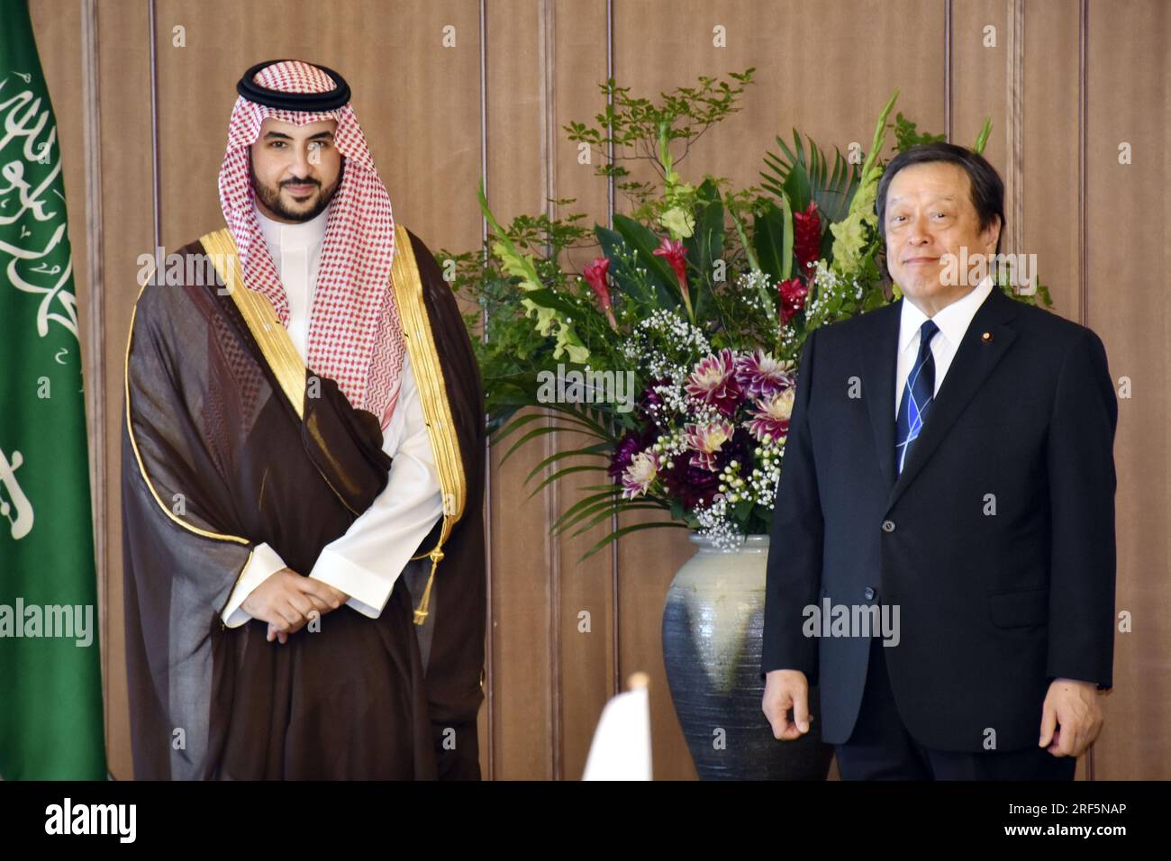 Japanese Defense Minister Yasukazu Hamada (R) and his Saudi Arabian ...