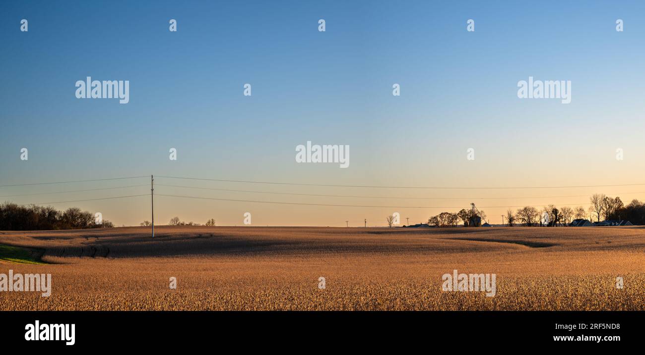 Winter sunset sky, color merges on the horizon into an amber grain field Stock Photo