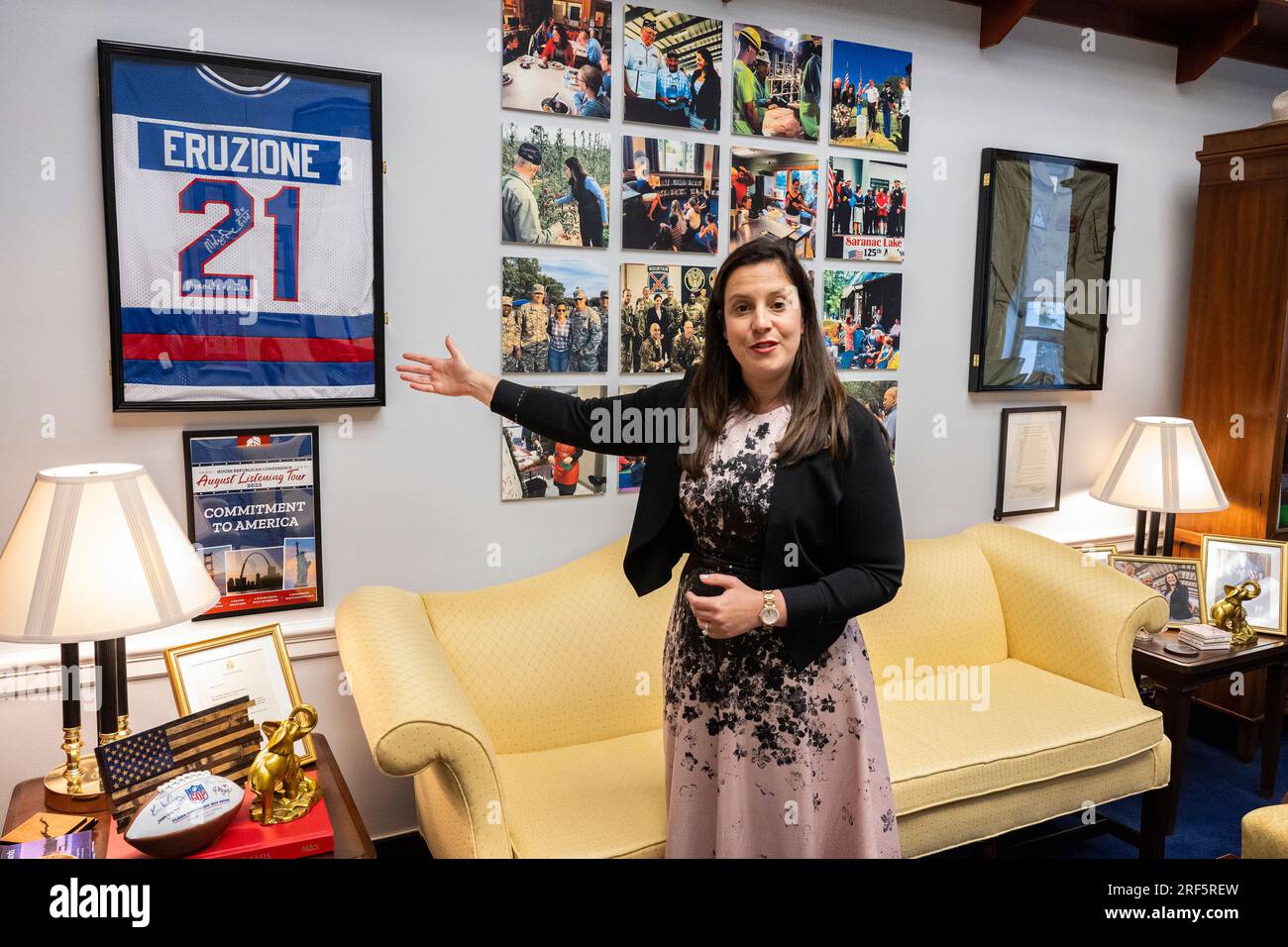 New York City. 18th July, 2023. United States Representative Elise Stefanik (Republican of New York) gestures towards the jersey of Olympic champion Mike Eruzione that hangs in her office in the Rayburn House Office Building in Washington, DC on Tuesday, July 18, 2023. Credit: Ron Sachs/CNP for NY Post (RESTRICTION: NO New York or New Jersey Newspapers or newspapers within a 75 mile radius of New York City. Daily Mail out) Credit: dpa/Alamy Live News Stock Photo