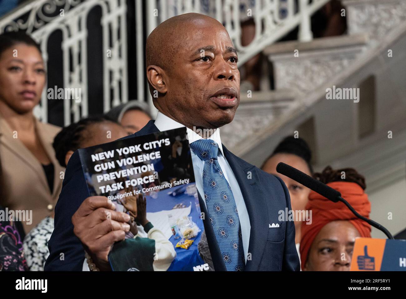 Mayor Eric Adams speaks during public safety announcement on gun ...