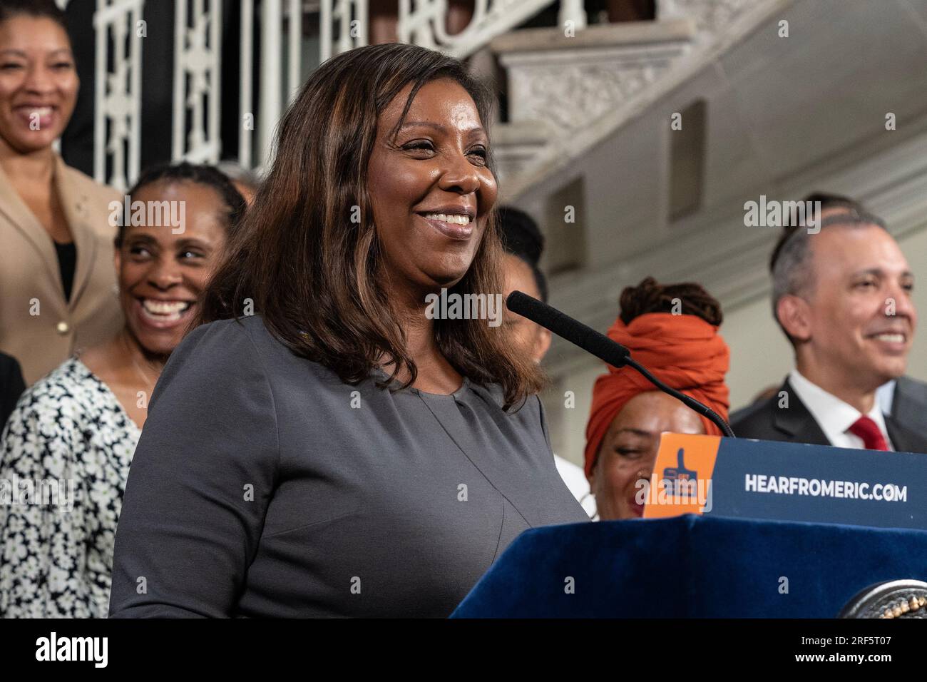 Attorney General Letitia James speaks during public safety announcement ...