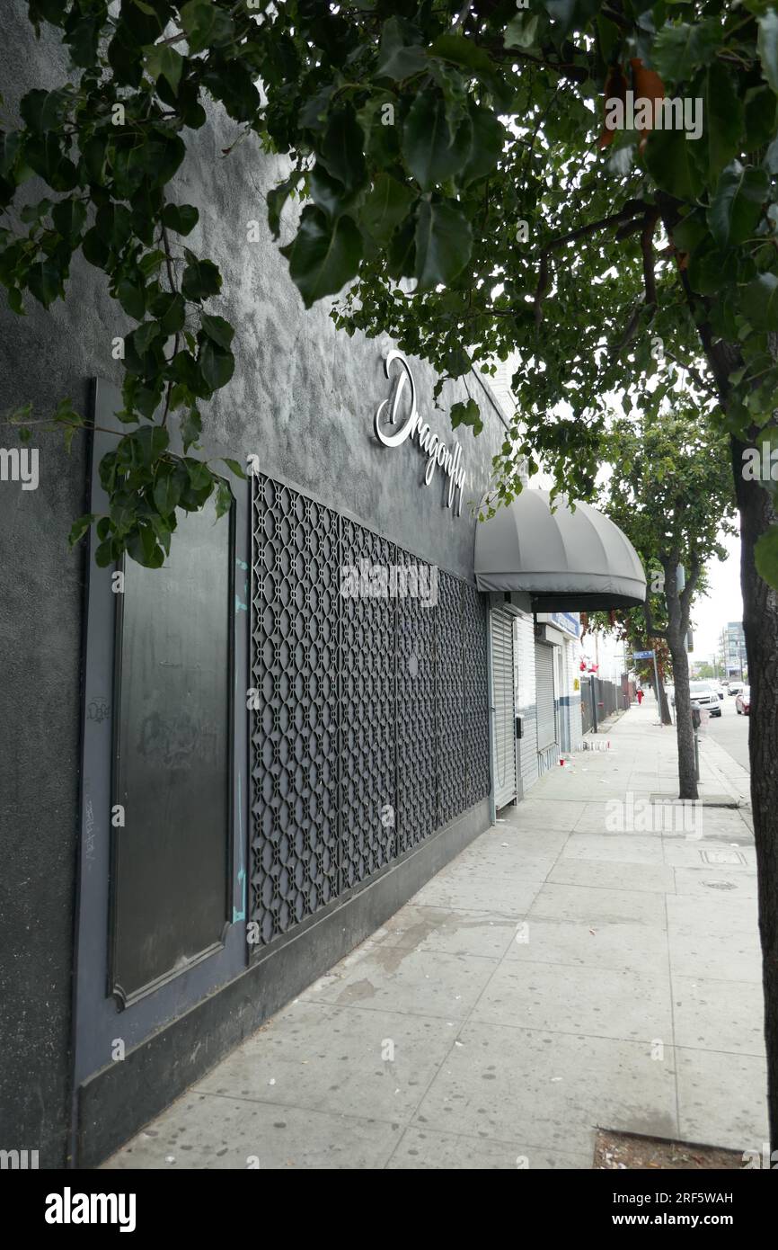 Los Angeles, California, USA 31st July 2023 Dragonfly Nightclub at 6510 Santa Monica Blvd where Security Guard Daniel Dee Sandifer was murdered by 11 people on July 30, 2023 shown here on July 31, 2023 in Los Angeles, California, USA. The Club has hosted Tyga, 2 Chains, Migos, Meghan Thee Stallion and Wiz Khalifa. Photo by Barry King/Alamy Live News Stock Photo